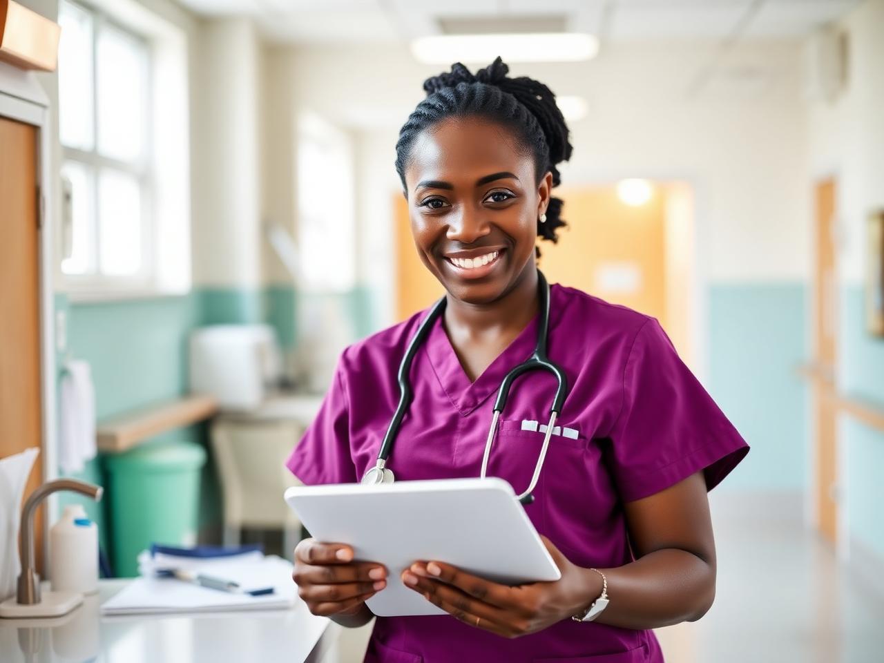 Smiling LTC/SNF nurse charting at the nursing station